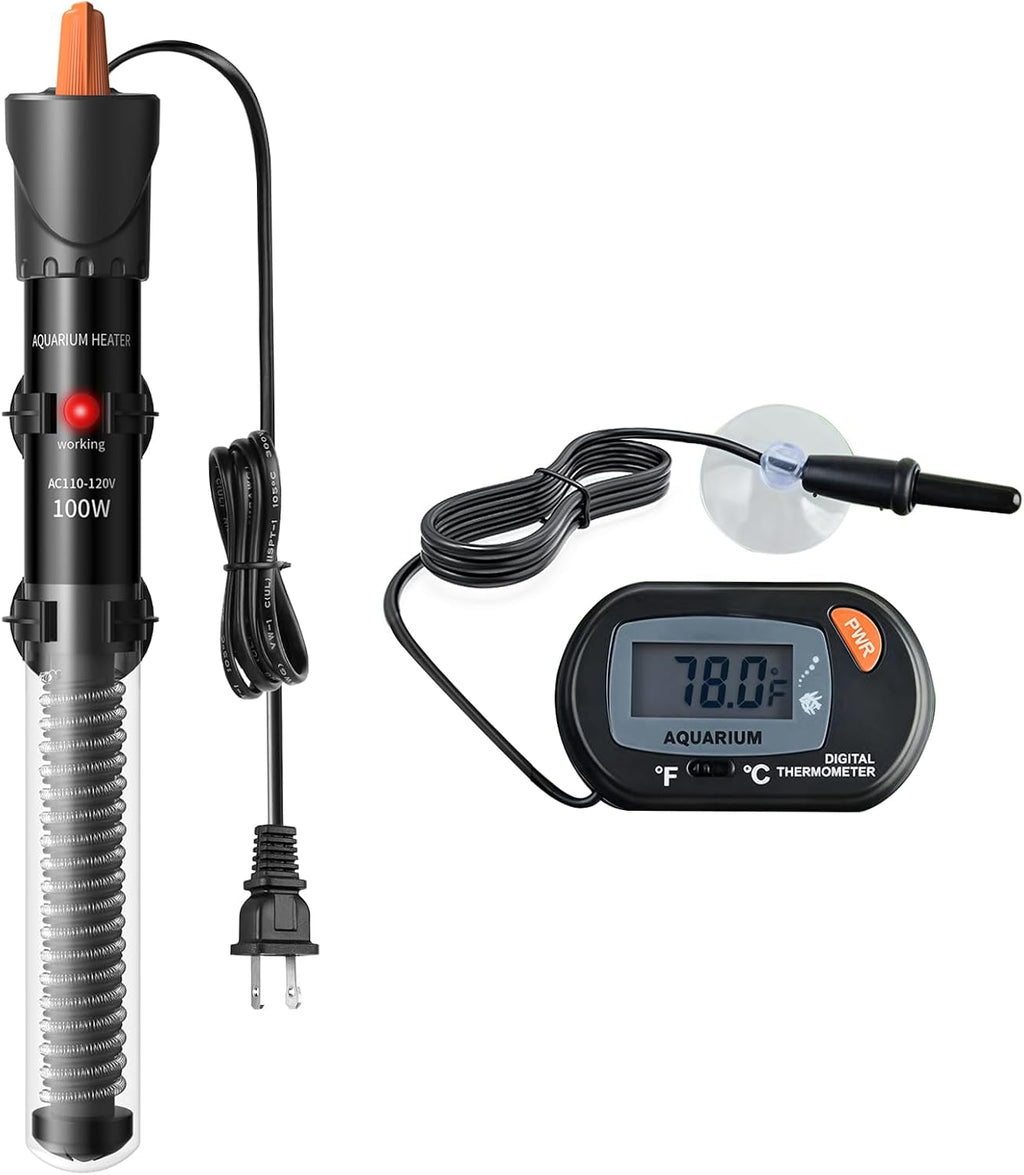 Aquarium Heater 25W/50W/100W/200W/300W, Adjustable Knob Fish Tank Heater with Digital Thermometer, Submersible