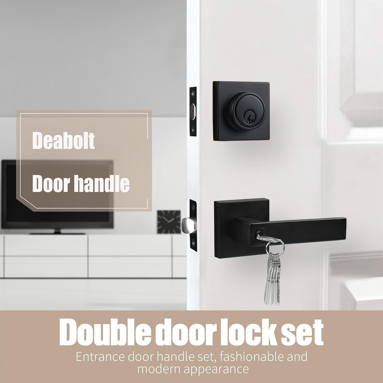 Exterior Door Lock Set with Deadbolt, Keyed Alike Door Handle with Lock, Heavy Duty Matte Black Door Knob and