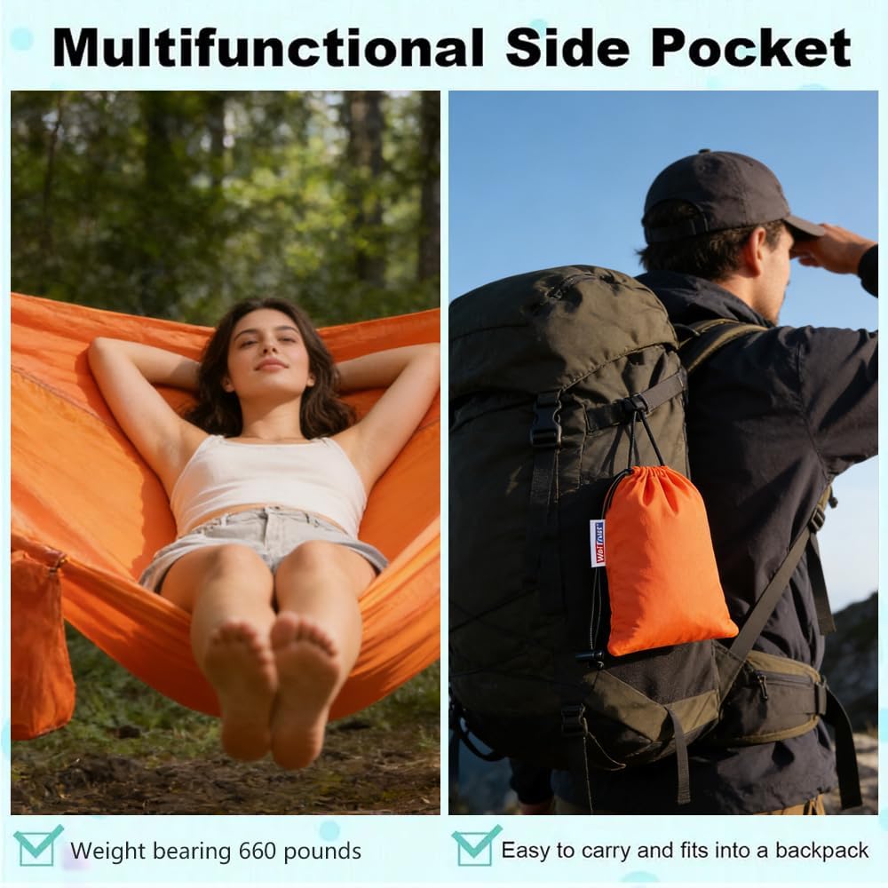Camping Hammock, Portable Hammocks with Tree Straps & Attached Carry Bag, Travel Tree Hammocks for Outside Indoor