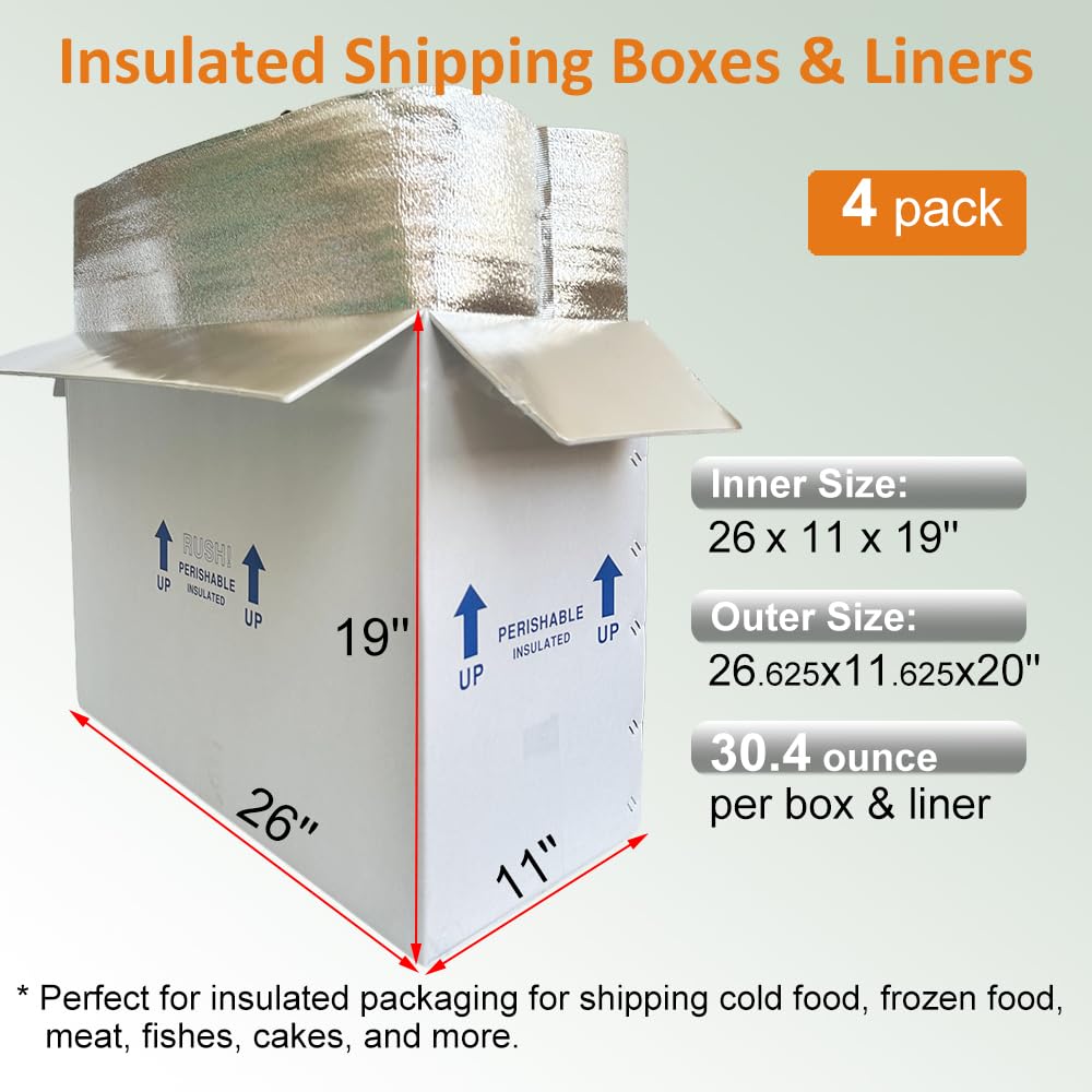 4 Pack 26x11x19'' Insulated Shipping Boxes with Bag Liners