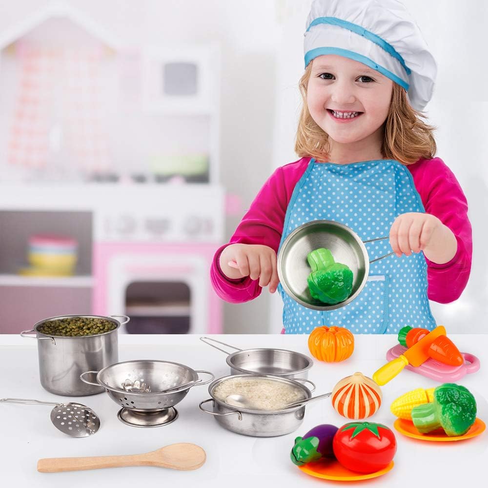 Play Kitchen Accessories, Kids Play Pots and Pans Playset with Mini Stainless Steel Pretend Play Cooking Toys