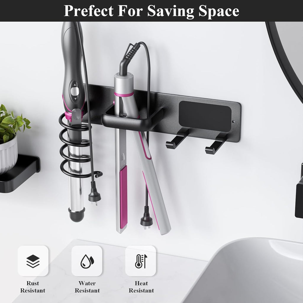 Hair Dryer Holder Wall Mount Aluminum Alloy Hot Tools Organizer | Heavy Duty, Matte Black