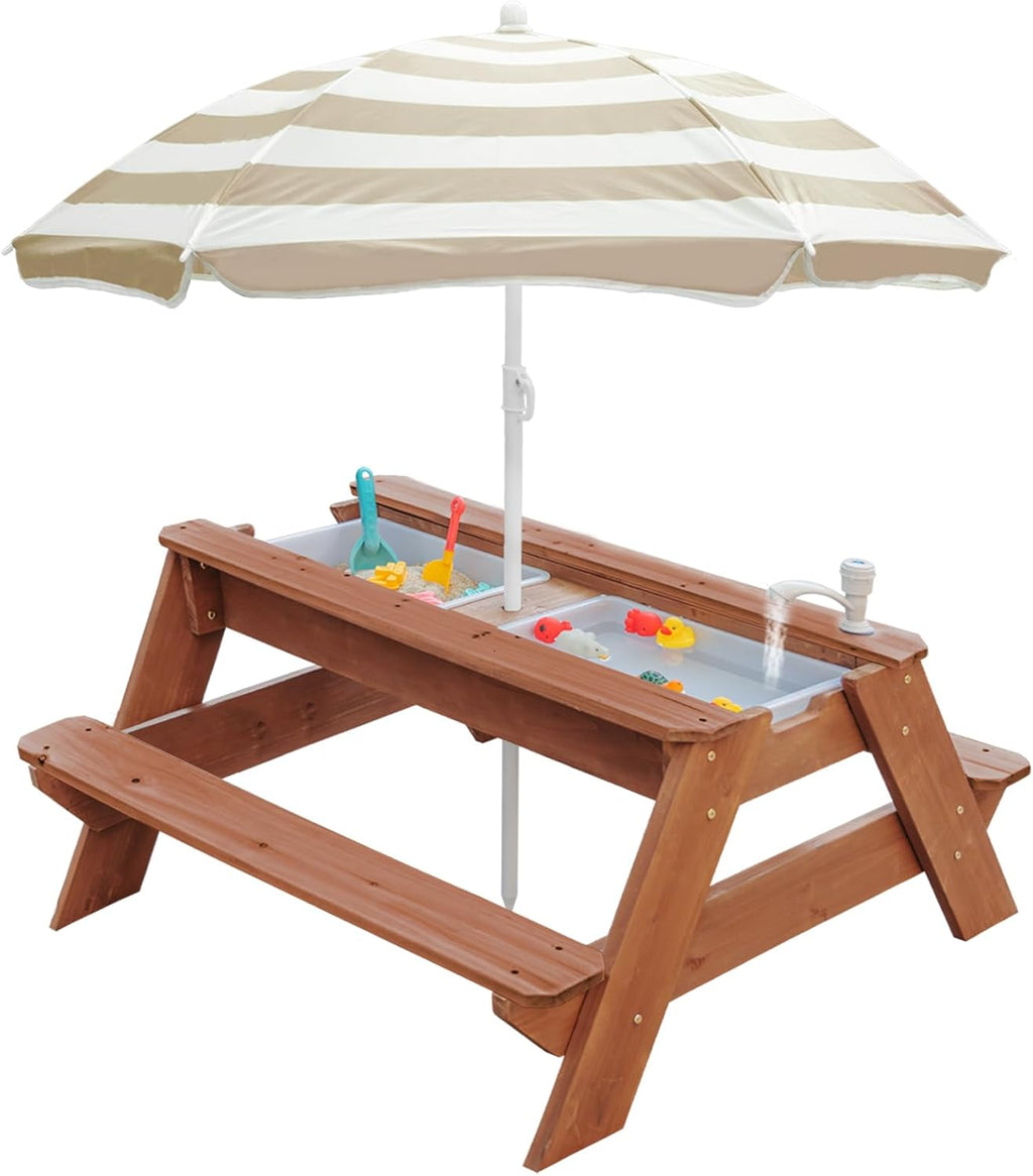 Kids 3-in-1 Sand & Water Table, Wood Outdoor Convertible Picnic Table w/Umbrella, 2 Trays, Removable Top with Faucet