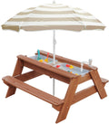 Kids 3-in-1 Sand & Water Table, Wood Outdoor Convertible Picnic Table w/Umbrella, 2 Trays, Removable Top with Faucet
