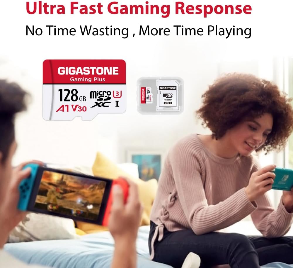 [Gigastone] 128GB Micro SD Card, Gaming Plus, MicroSDXC Memory Card for Nintendo-Switch 1, Wyze, GoPro, Dash Cam