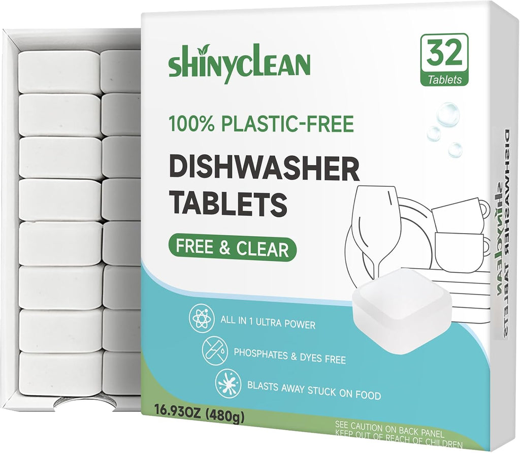 100% Plastic-Free Dishwasher Tablets, Free & Clear, 32 Count