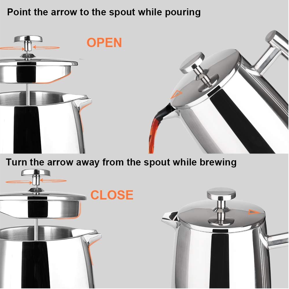 French Press Coffee Maker, 34-Ounce, 304 Stainless Steel Insulated Coffee Press with Extra Screen