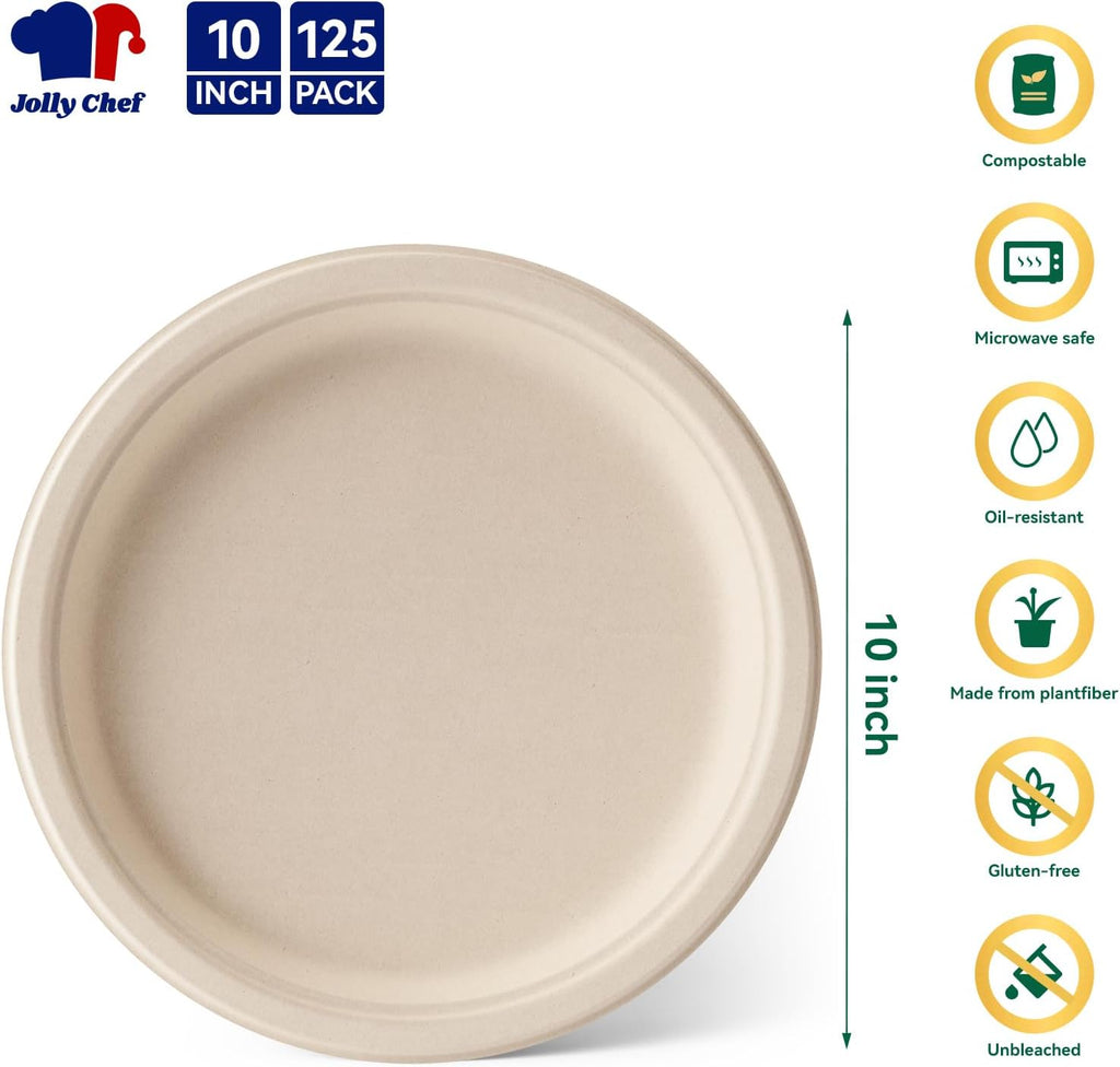 Compostable Heavy Duty 10 Inch 125 Pack Disposable Eco-Friendly Paper Plate