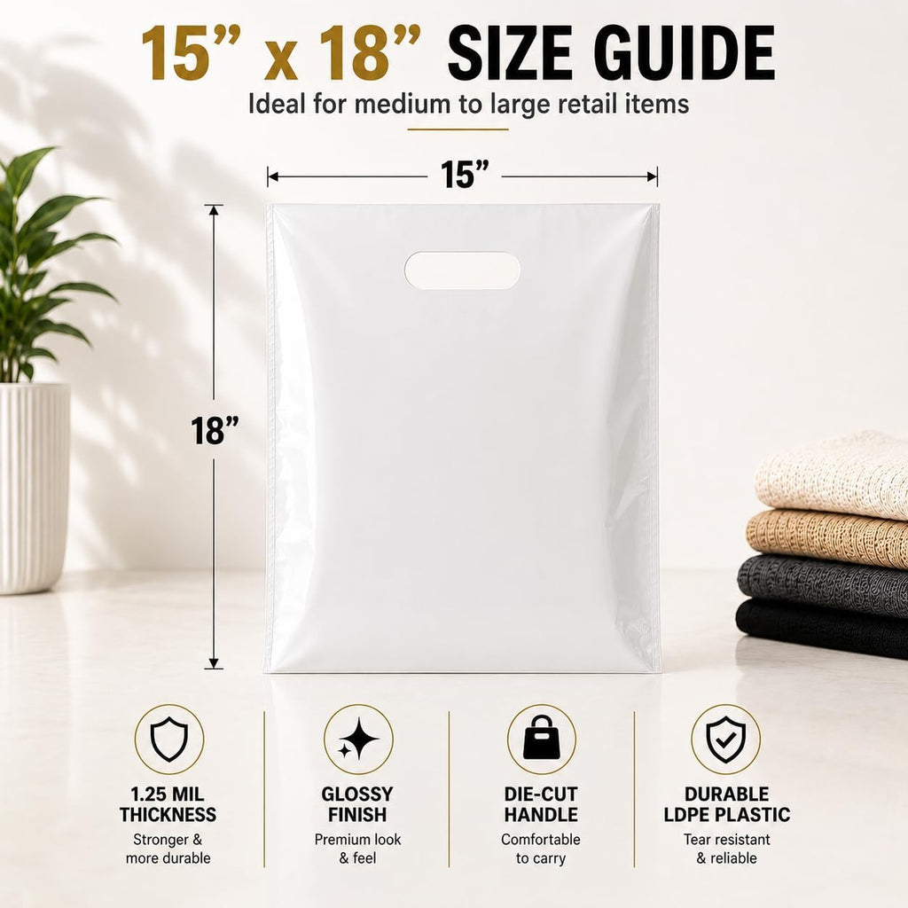Large Plastic Merchandise Bags, Die Cut Handle Retail Shopping Bags, Glossy Poly Bags for Clothing, Shoe Boxes