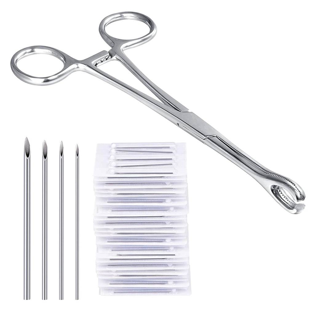 Piercing Metal Clamps Forceps with 20Pcs Piercing Needles Surgical Stainless Steel Piercing Clamps for Belly Nipple