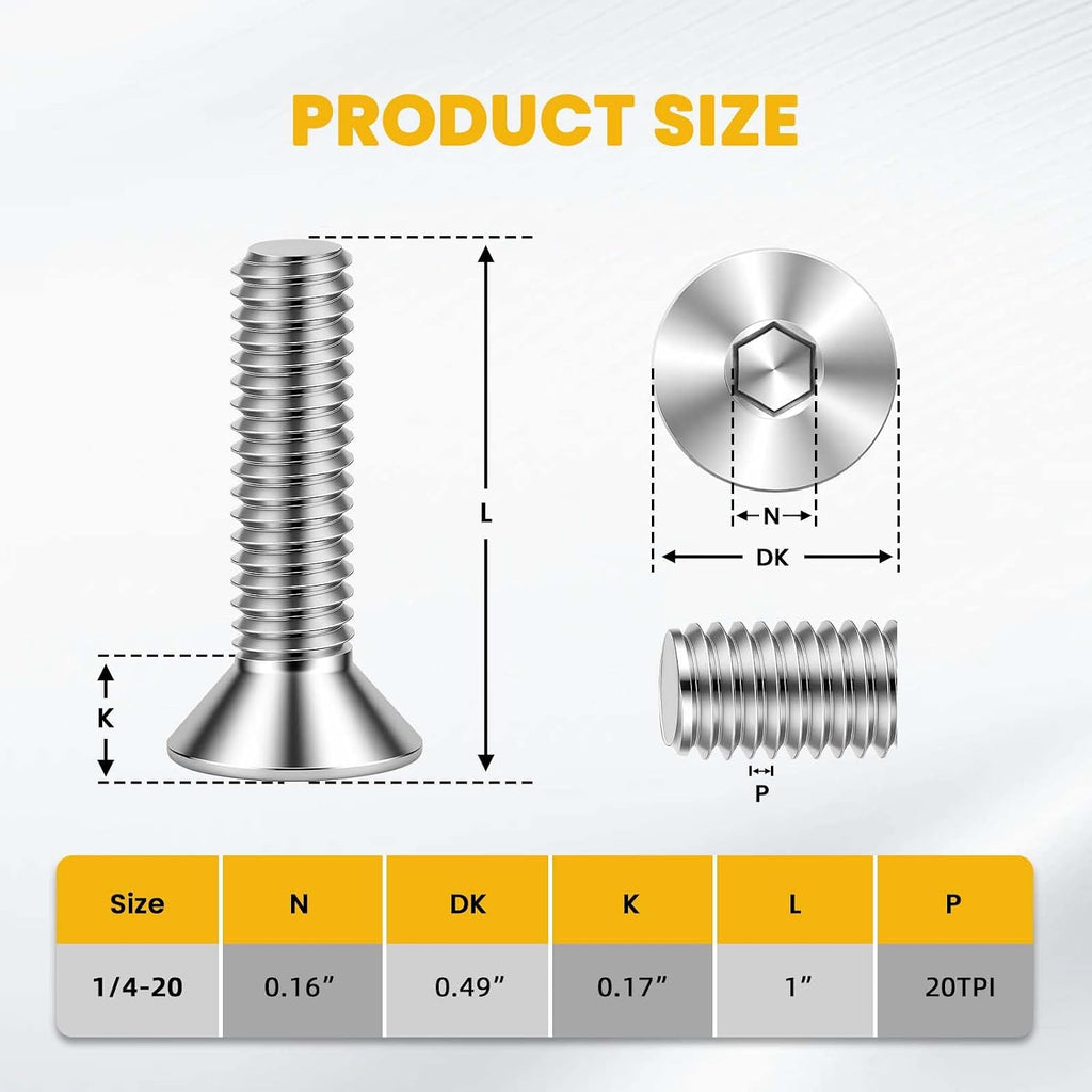 1/4-20 x 1 Flat Head Socket Cap Screws Countersunk Bolts, Allen Socket Drive, Stainless Steel 18-8 (304), Bright Finish, 50 PCS