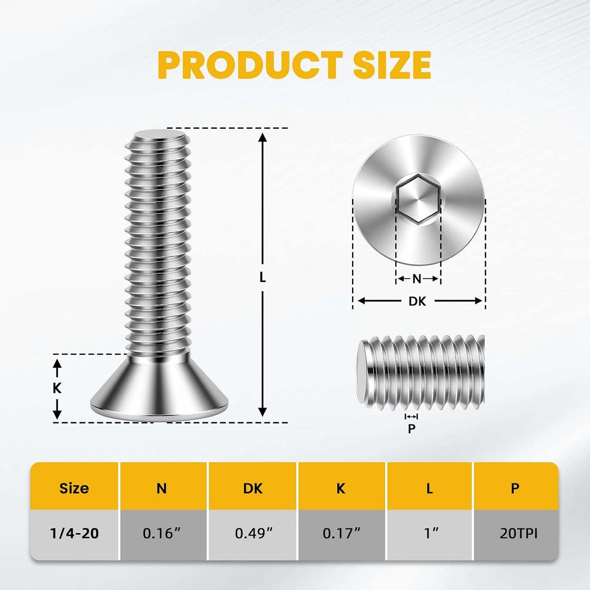 1/4-20 x 1 Flat Head Socket Cap Screws Countersunk Bolts, Allen Socket Drive, Stainless Steel 18-8 (304), Bright Finish, 50 PCS