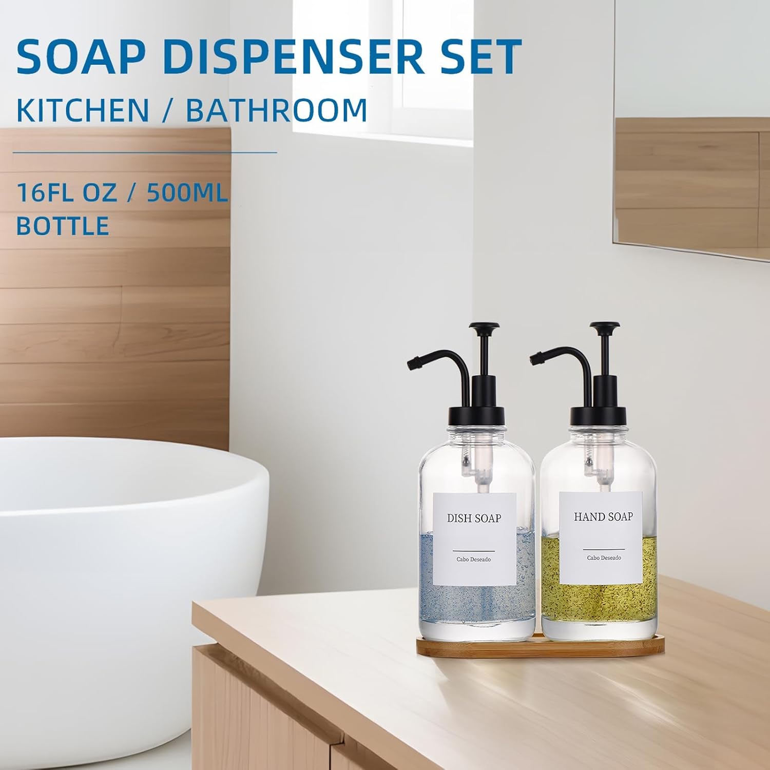 Glass Soap Dispenser with Pump, Dish and Hand Soap Dispenser for Kitchen Bathroom Set, Clear Glass Dispenser Set of 2