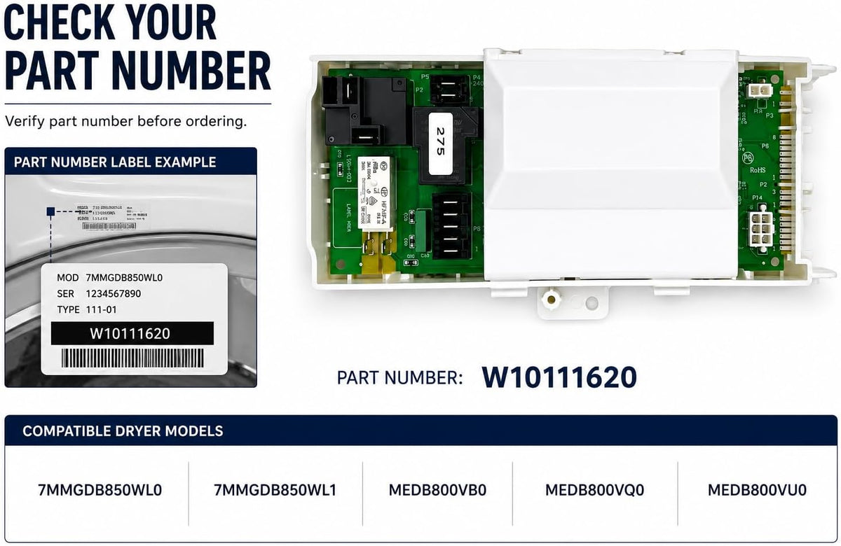 Dryer Control Board W10111620 Compatible with Select Dryer Models 7MMGDB850WL0 7MMGDB850WL1 MEDB800VB0 MEDB800VQ0 MEDB800VU0
