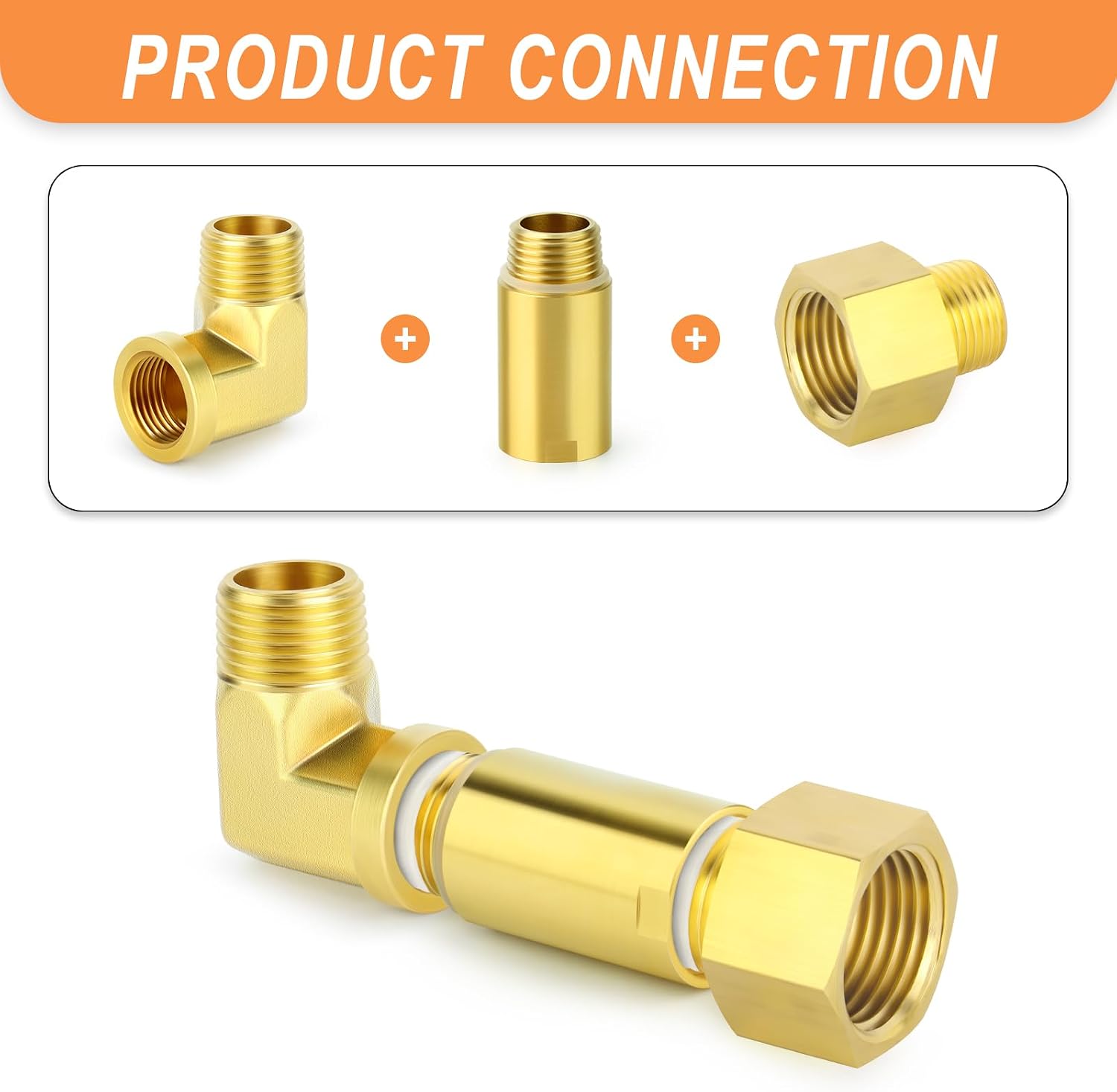 2Pcs Brass Pipe Plumbing Adapter with Rubber O-ring, 1/2" NPT Male x 1/2" NPT Female Pipe Fitting Coupler,Length 2 Inch