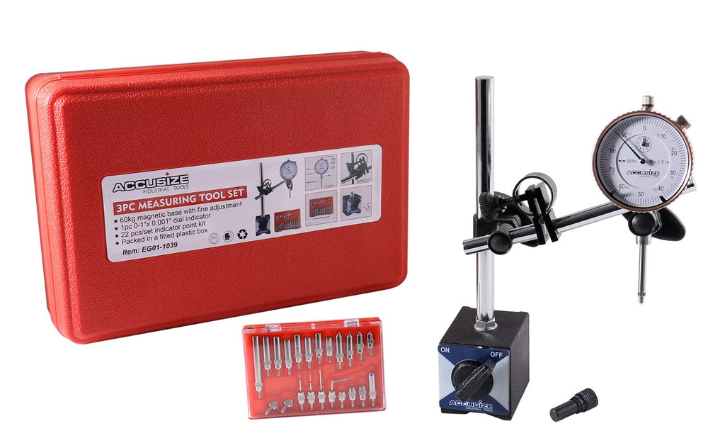 Accusize 3 Pc Magnetic Base and Dial Indicator Set
