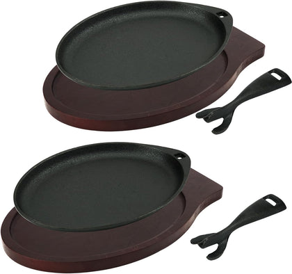 2 Cast Iron Skillet Set Sizzling Plate With Wooden Base Fajita Skillet With Removable Handle For Home Barbeque