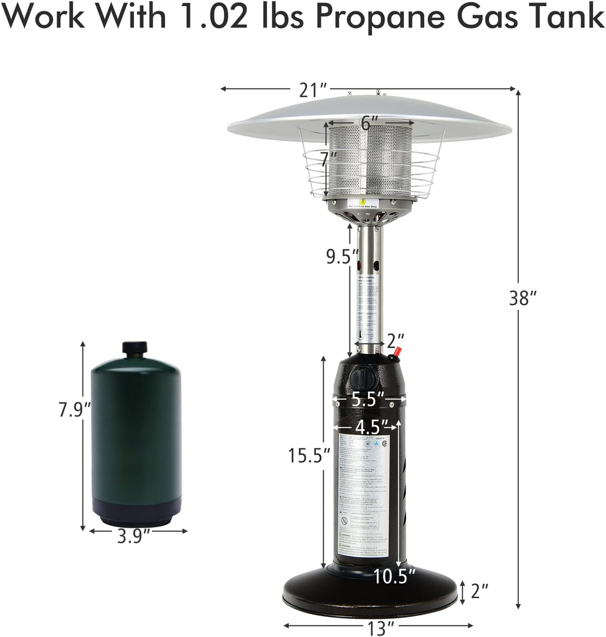 Tabletop Propane Patio Heater with Adjustable Flame, 11,000 BTU