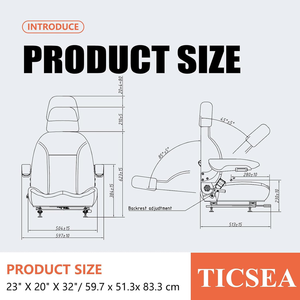 Universal Tractor Seat, Forklift Seat with Retractable Seatbelt and Adjustable Backrest Headrest Armrests Compatible