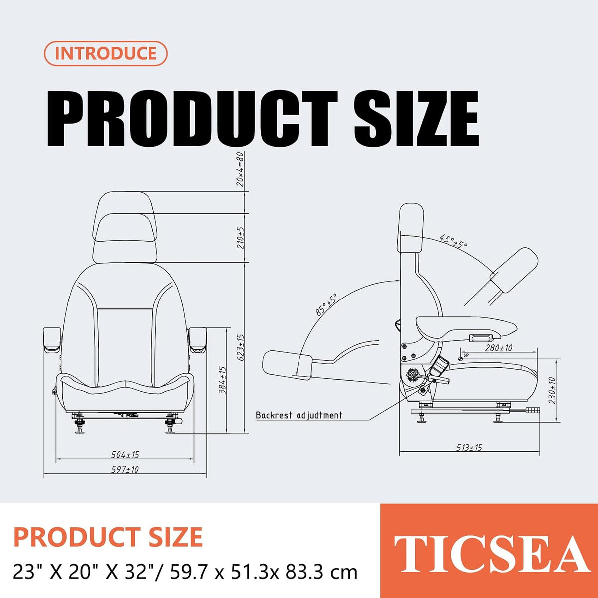 Universal Tractor Seat, Forklift Seat with Retractable Seatbelt and Adjustable Backrest Headrest Armrests Compatible