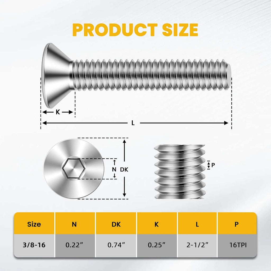 3/8-16 x 2-1/2" Flat Head Socket Cap Screws Countersunk Bolts, Allen Socket Drive, Stainless Steel 18-8, Fully Threaded, Bright Finish, 10 PCS