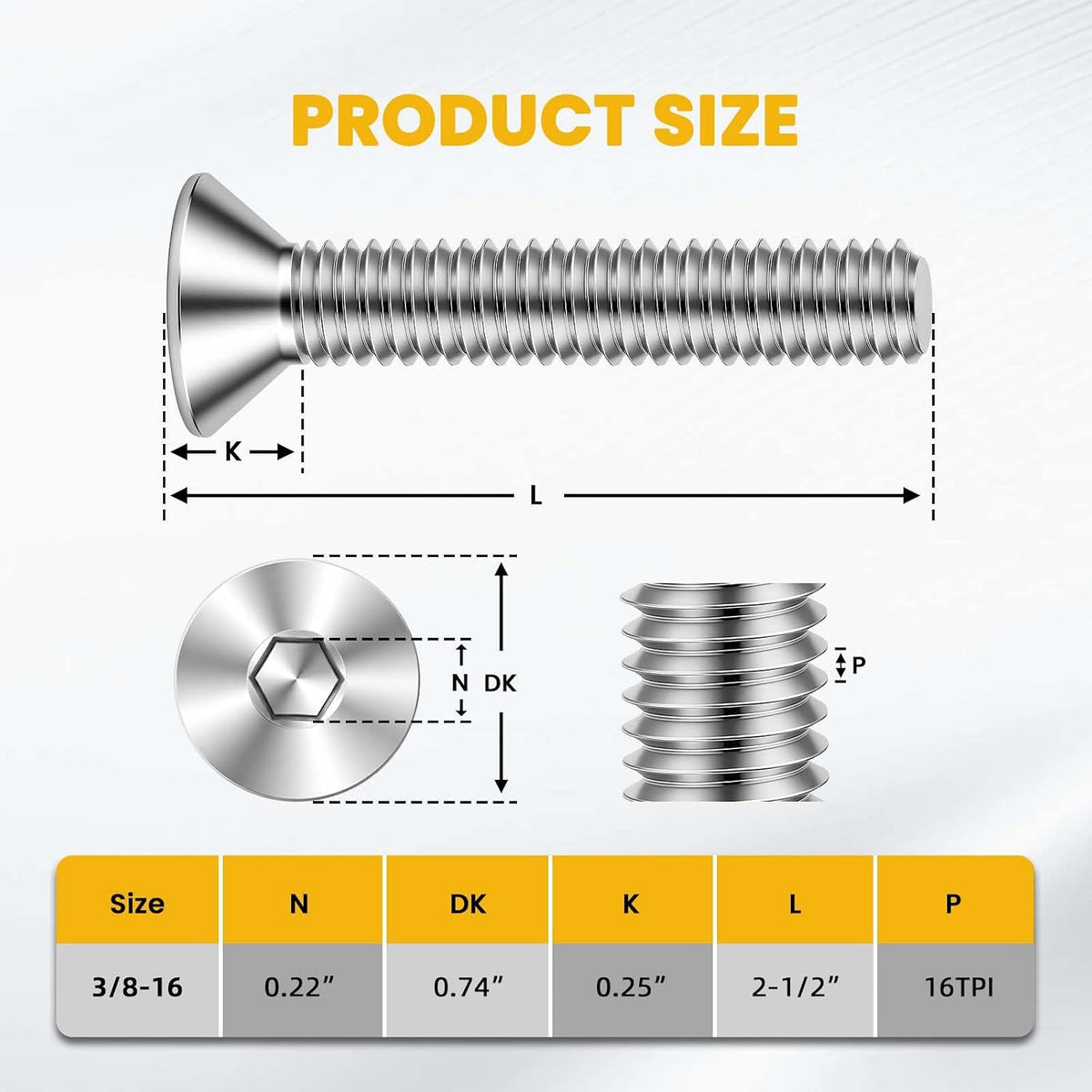 3/8-16 x 2-1/2" Flat Head Socket Cap Screws Countersunk Bolts, Allen Socket Drive, Stainless Steel 18-8, Fully Threaded, Bright Finish, 10 PCS