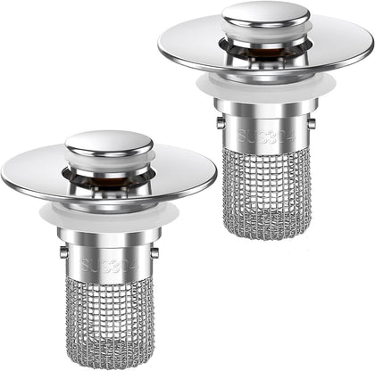 Bathroom Sink Drain Strainer,(2PCS) Pop-up Sink Drain Strainer with Removable Stainless Steel Strainer Basket Hair
