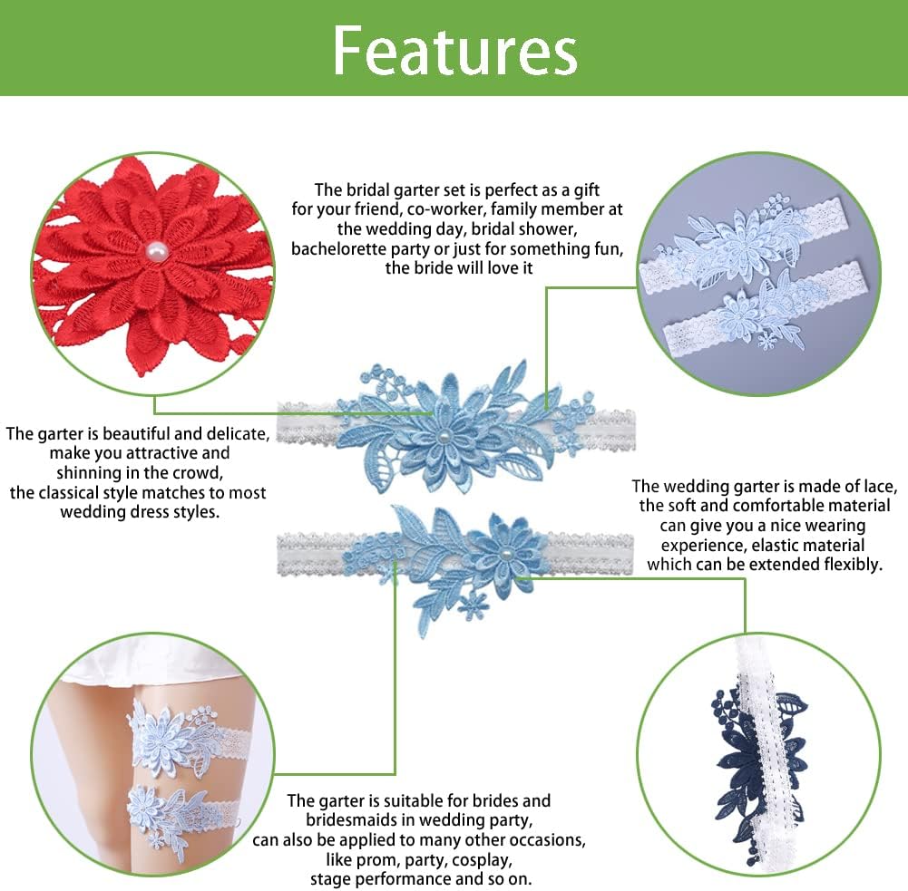 Wedding Garters for Bride Bridal Lace Garter Set Floral Leg Ring with Hand Sewn Faux Pearls