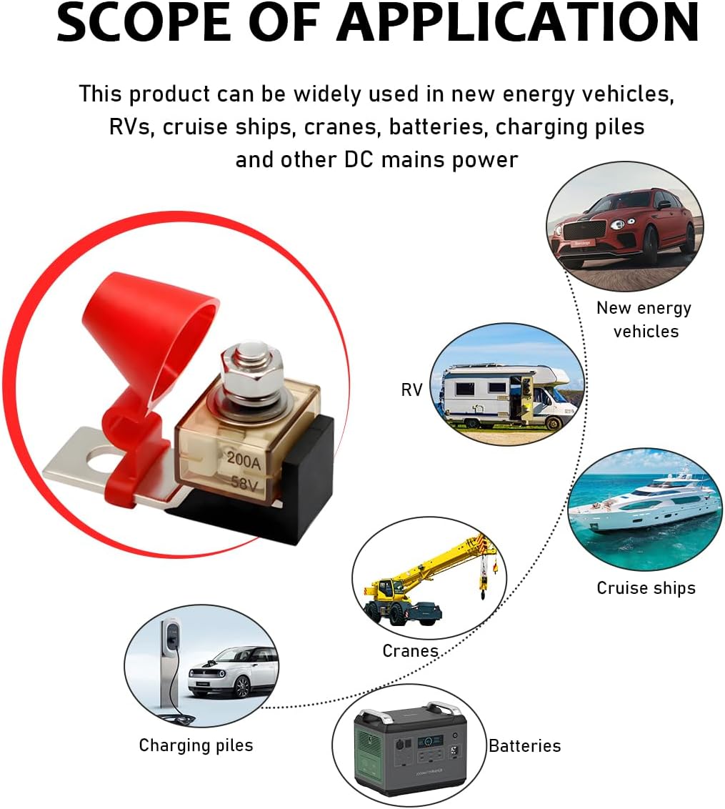 Battery Terminal Fuse Kit, 200A 58V Rated Battery Fuse and Waterproof Terminal Mount Fuse Block, Battery Terminal