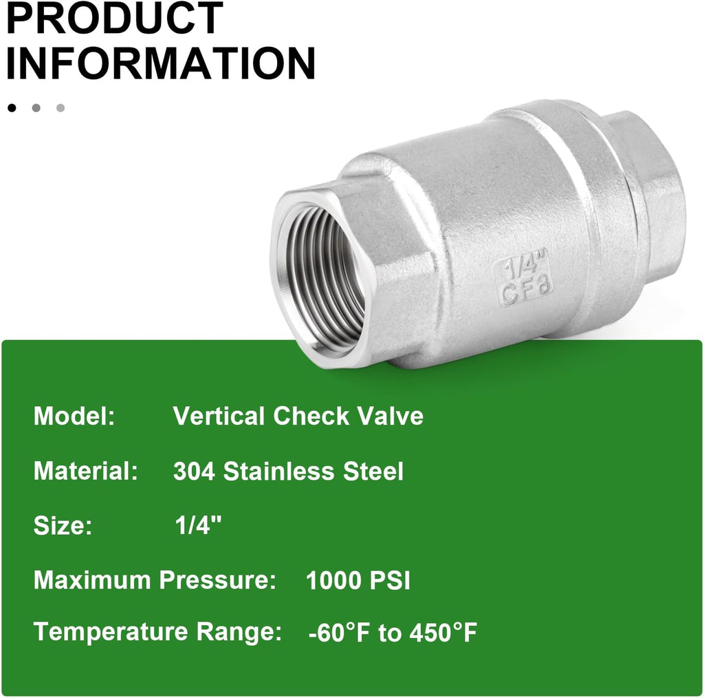 TAISHER 2PCS 304 Stainless Steel 1/4" Female Vertical Check Valve，Backflow Prevention, One Way Spring Check Valves CF8 WOG 1000