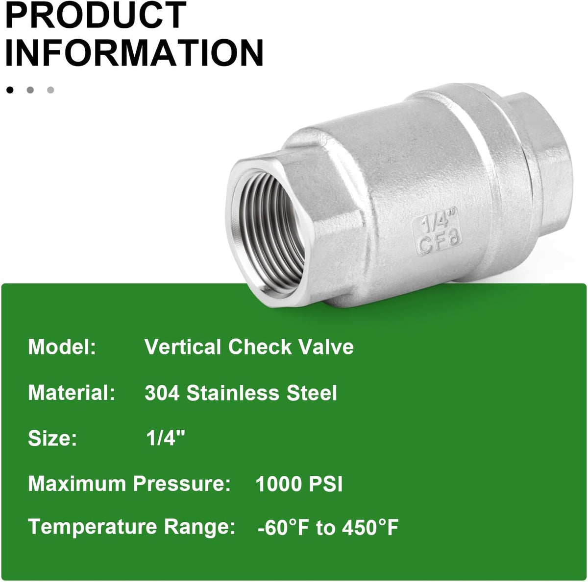 TAISHER 2PCS 304 Stainless Steel 1/4" Female Vertical Check Valve，Backflow Prevention, One Way Spring Check Valves CF8 WOG 1000
