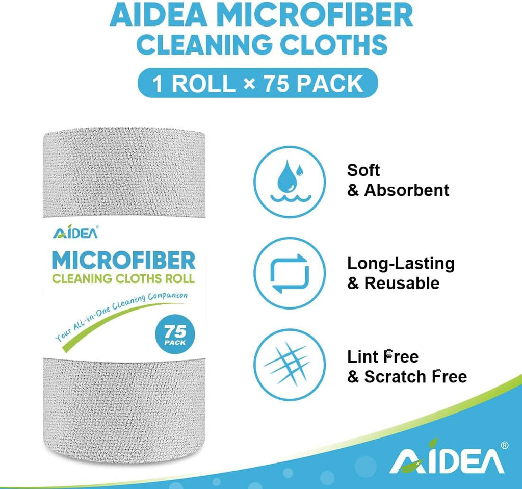 Microfiber Cleaning Cloth Roll, Grey 75PK, Reusable Paper Towels Tear Away Cloth, Microfiber Towels for Cars, Wash