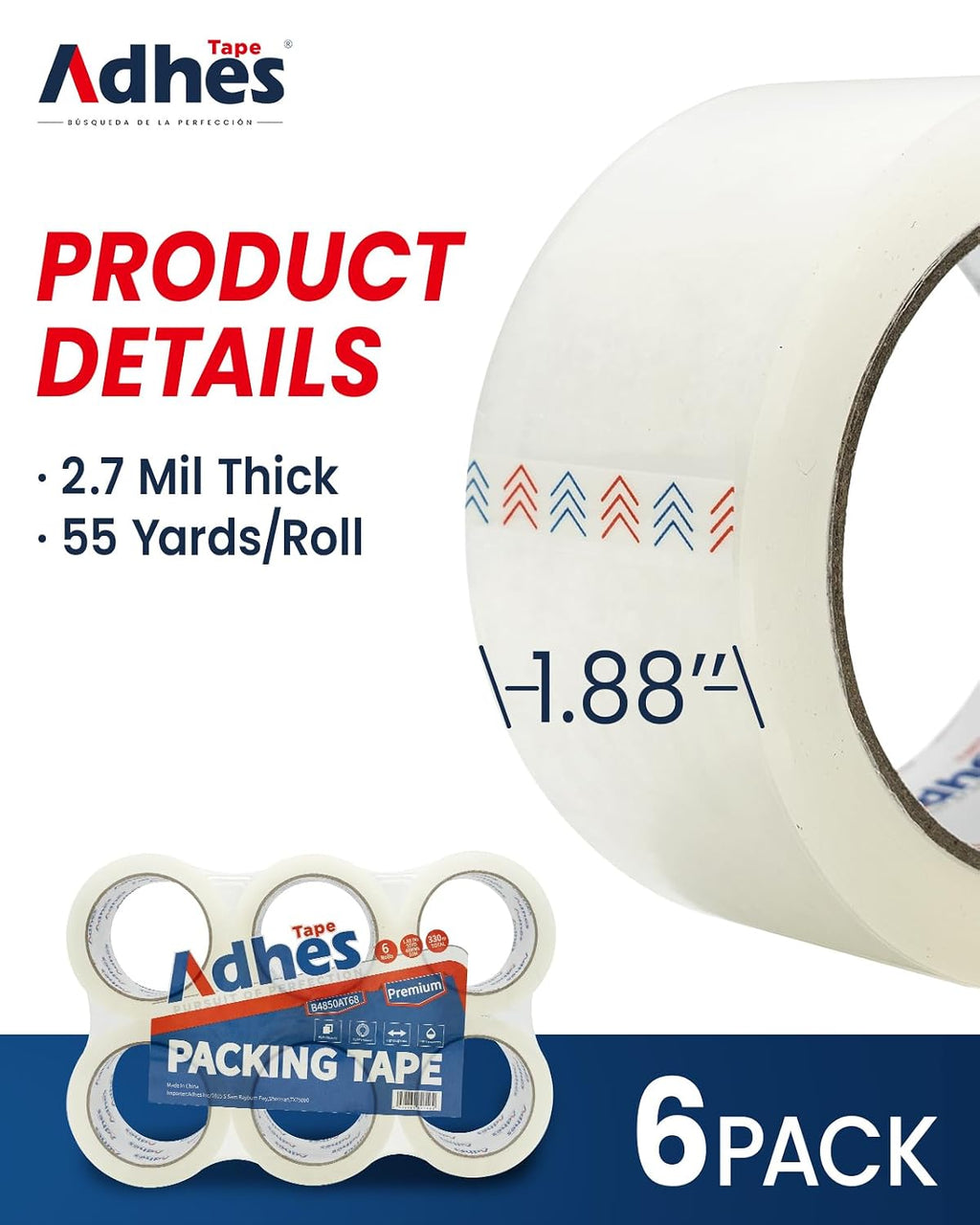 ADHES Packaging Tape 2.7MIL Heavy Duty Packing Tape Mailing Tape, 6 Rolls | 1.88" x 165 ft (55 Yards) Clear Shipping