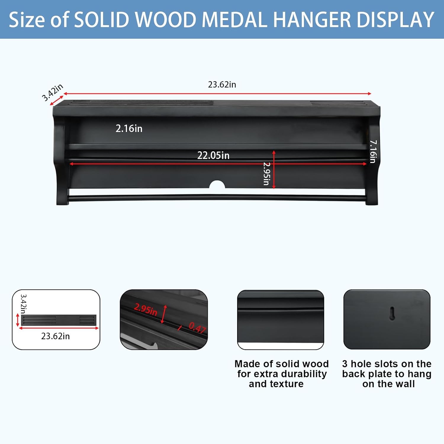 Medal Hanger Display Shelf Medal Rack Display Holder Black | Solid Wood，Wall Mount, Runners, Marathon, Race Winner