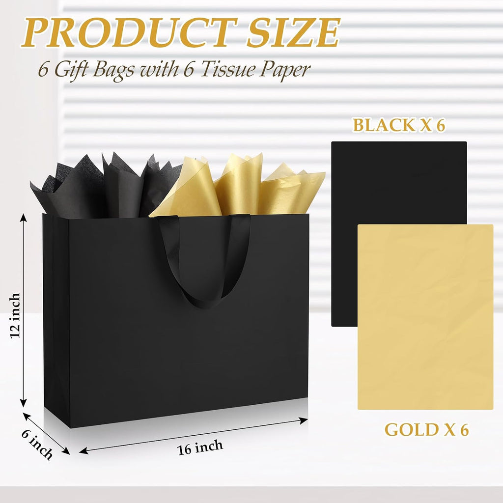6 Pack Extra Large Black Gift Bags with Handles and Tissue Papers