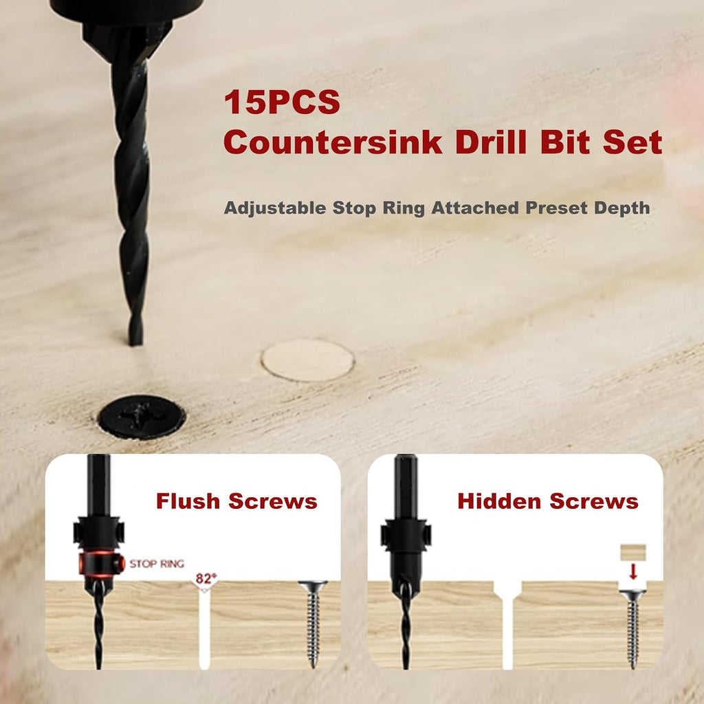 15-Piece Countersink Drill Bit Set, with 2PC Wood Plug Cutters