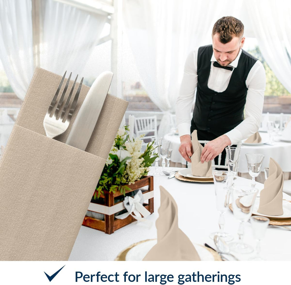 Wedding Linen Feel Flatware Pocket Napkins, Prefolded 50 Count - Beige