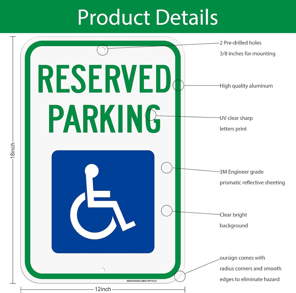 Handicap Parking Sign, 4 Pack 12" x 18" Reserved Parking Signs with Handicap Icon, Large Heavy-Duty Aluminum Sign