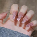 Long Coffin Press on Nails Light Pink Cat Eye Fake Nails Long Coffin False Nails with Gradient & Glitter Design