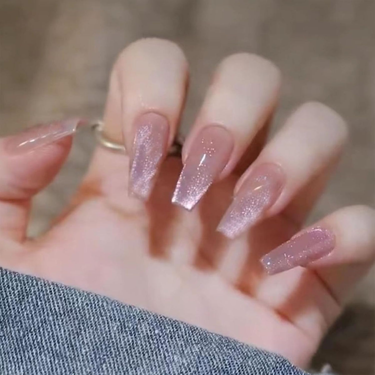 Long Coffin Press on Nails Light Pink Cat Eye Fake Nails Long Coffin False Nails with Gradient & Glitter Design