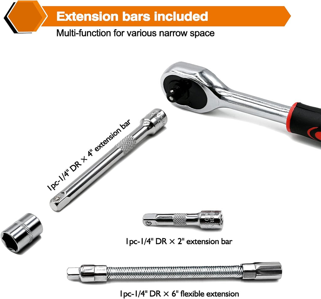 46 Pieces 1/4 inch Drive Socket Ratchet Wrench Set, with Bit Socket Set Metric and Extension Bar for Auto Repairing