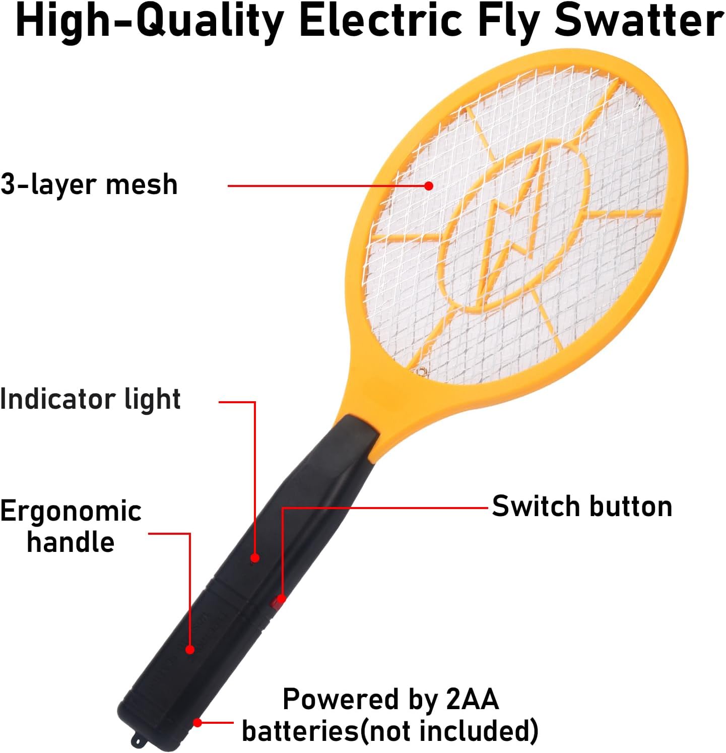 Electric Fly Swatter Handheld Bug Zapper - Indoor Outdoor Zapping Racket for Pest Mosquito & Flies - Battery Powered