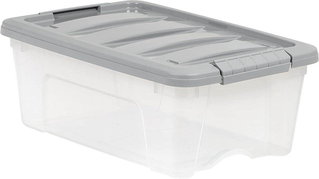 Plastic Storage Containers with Secure Latching Lids, Stackable Organization Bins, Clear/Grey, 12 Quart, Set of 6