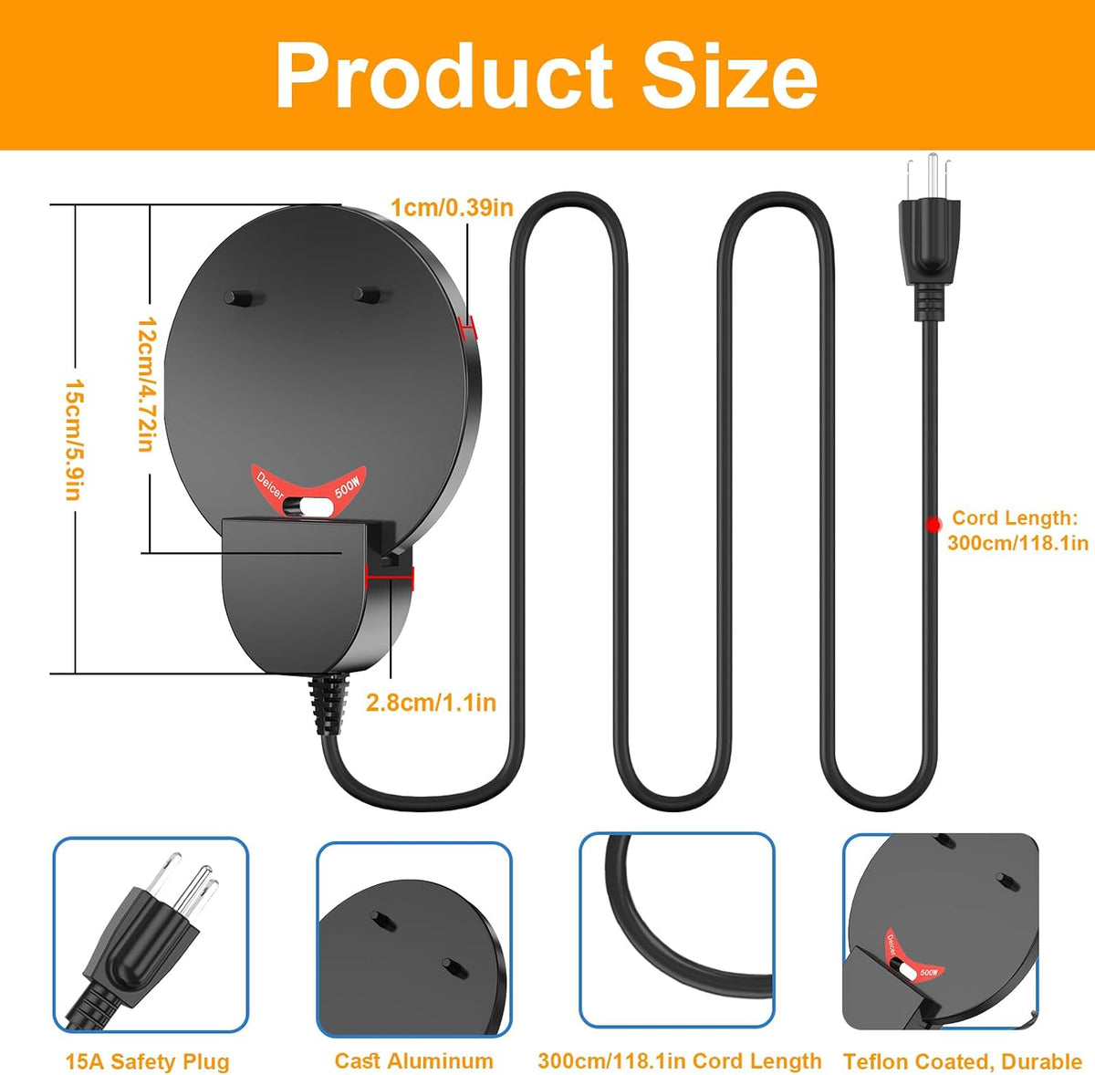 250W Chicken Water Heater w/Thermostat, Aluminum Cast Bird Bath Heater & Pond Deicer, Winter Trough Heater for