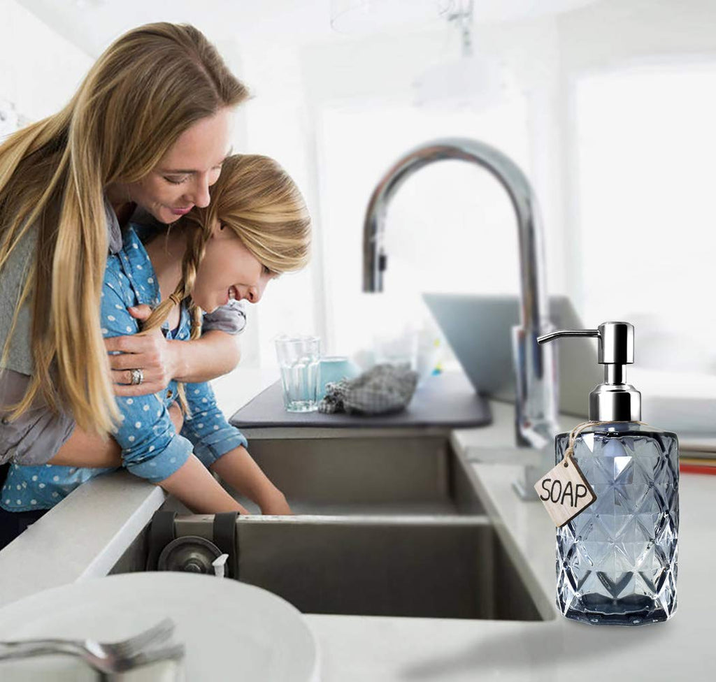 12Oz Diamond Grey Glass Soap Dispenser with 304 Rust Proof Soap Pump