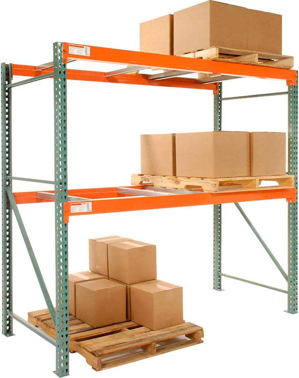 Teardrop Pallet Rack Starter Unit, 108"W X 48"D X 120"H | 6420 lbs Shelf Capacity, Steel Construction, Orange & Green