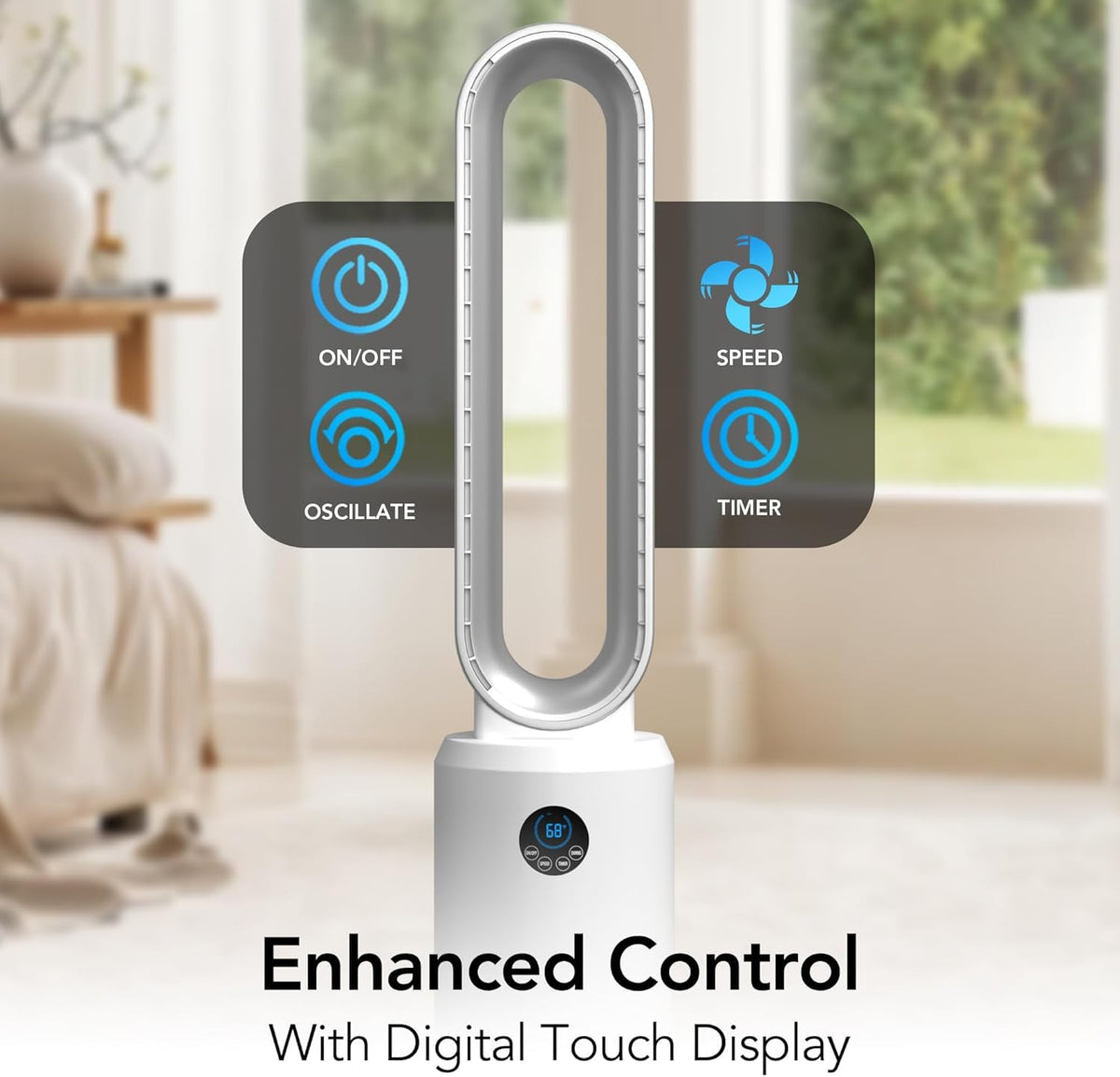 40" Bladeless Tower Fan for Bedroom with Remote Control, 9H Timer, Wide Area Oscillation, Push Button Digital