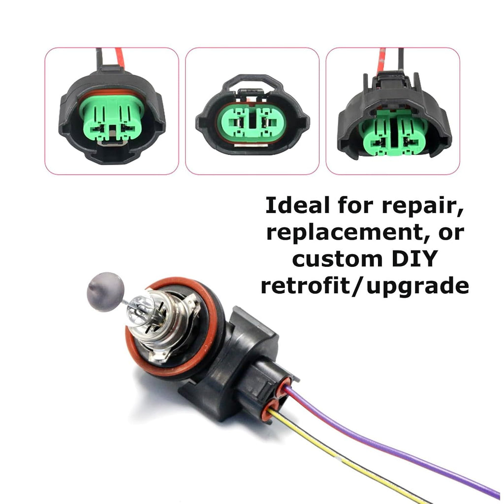 OEM H11 H8 Female Adapters Wiring Harness Sockets w/ 4-Inch Wire Pigtails Compatible with Front Light or Fog Lights Use