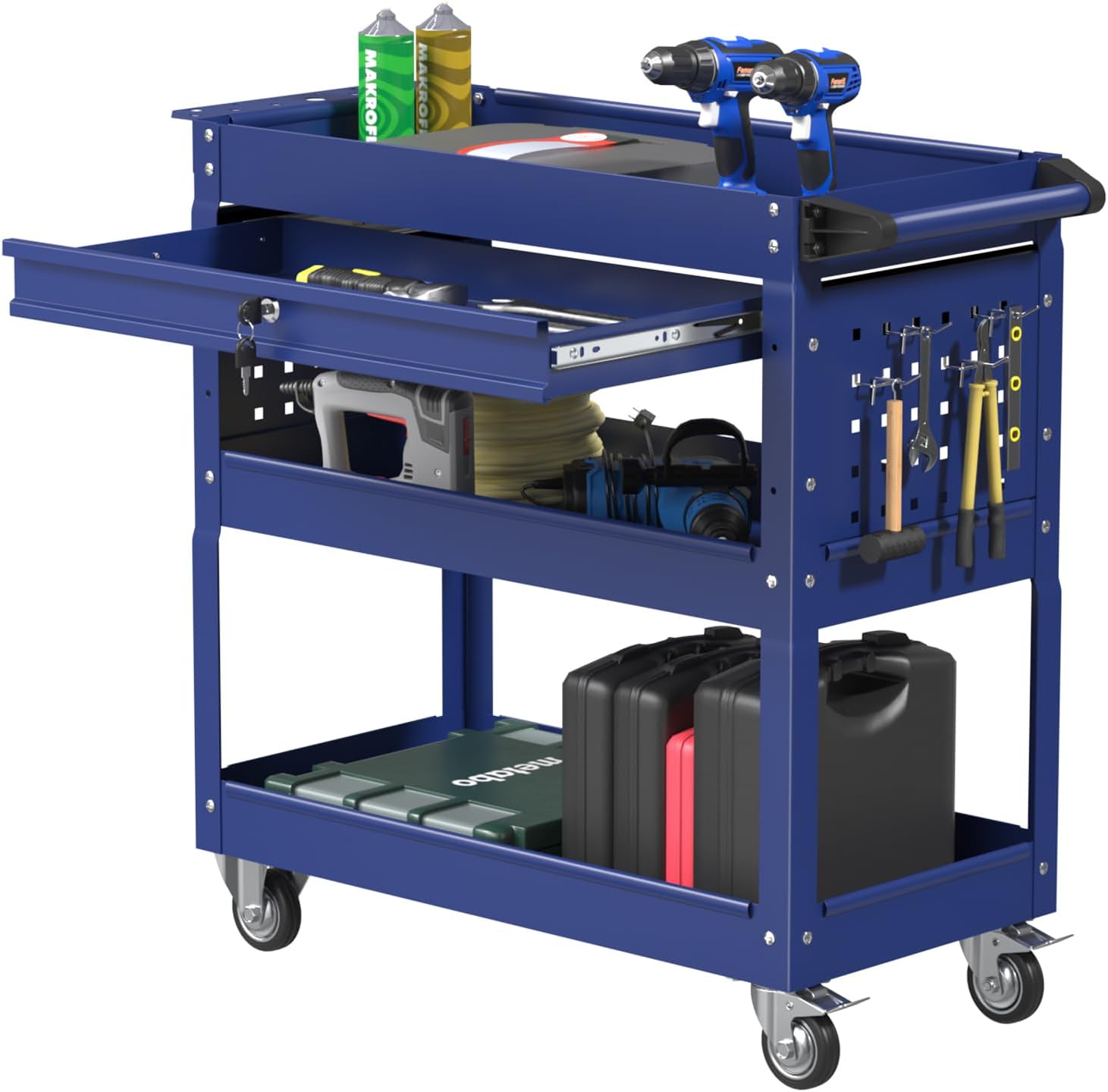 3 Tier Rolling Tool Cart with Drawers 400 LBS, Blue | Heavy Duty, Wheels for Mobility, Garage & Warehouse Use