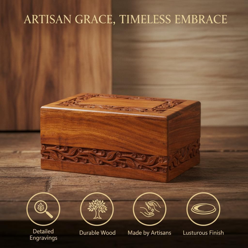 Wooden Keepsake Urn Box, Cremation Urns for Human Ashes, Handcarved Decorative Memorial, Wood Casket for Pets, Cat